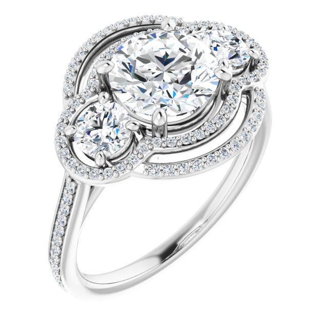 18K White 3-Stone Halo-Style Engagement Ring Mounting