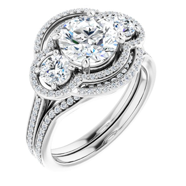 18K White 3-Stone Halo-Style Engagement Ring Mounting