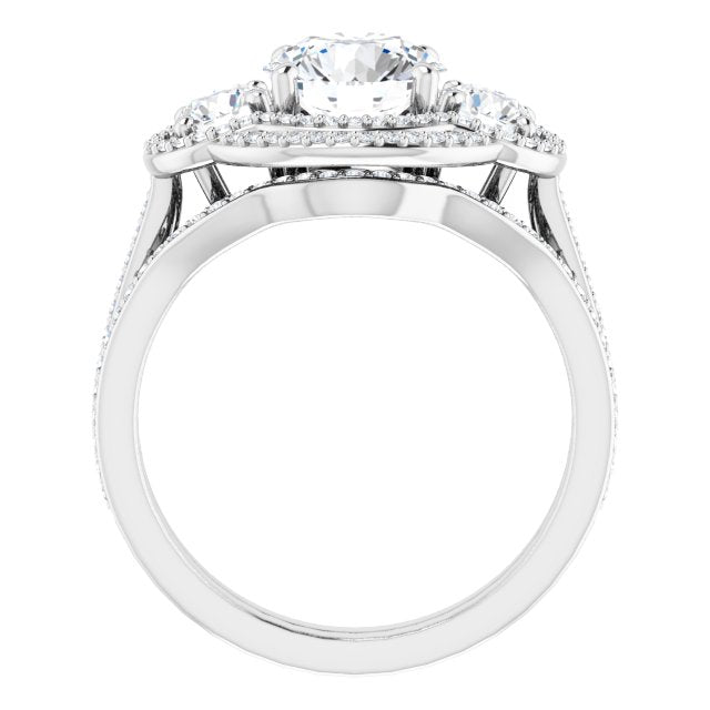 18K White 3-Stone Halo-Style Engagement Ring Mounting