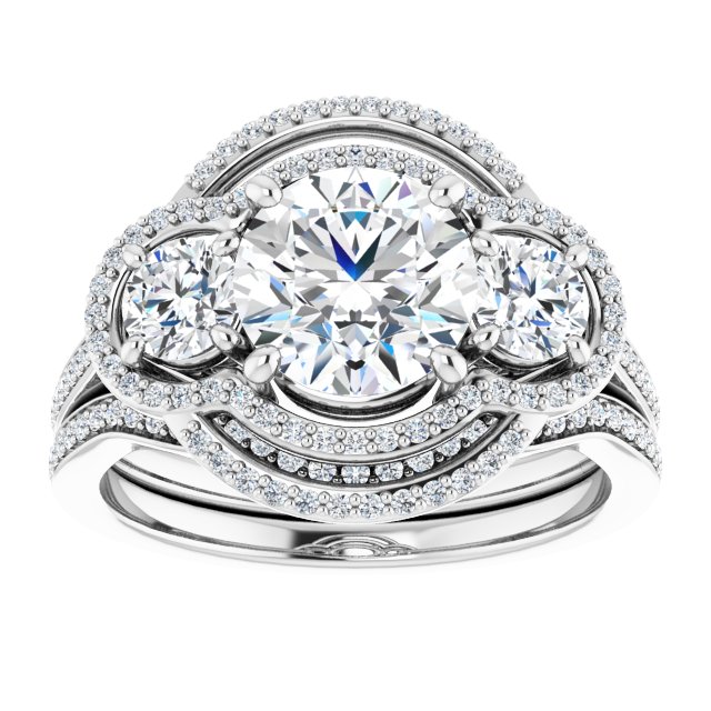 18K White 3-Stone Halo-Style Engagement Ring Mounting