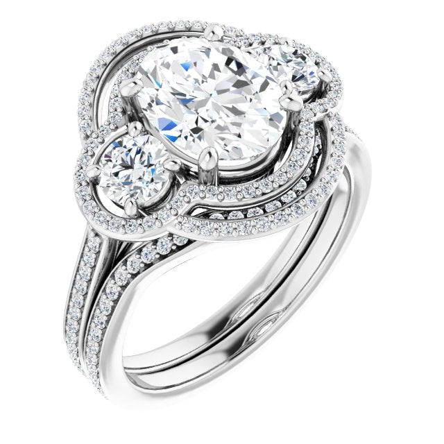 18K White 3-Stone Halo-Style Engagement Ring Mounting
