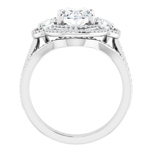 18K White 3-Stone Halo-Style Engagement Ring Mounting