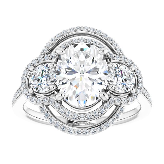 18K White 3-Stone Halo-Style Engagement Ring Mounting