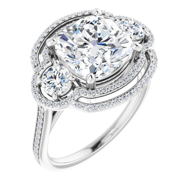 18K White 3-Stone Halo-Style Engagement Ring Mounting