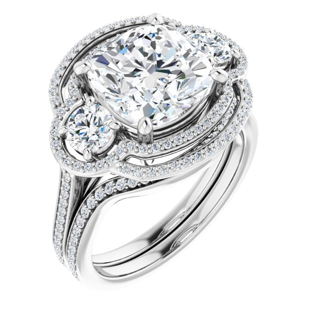 18K White 3-Stone Halo-Style Engagement Ring Mounting