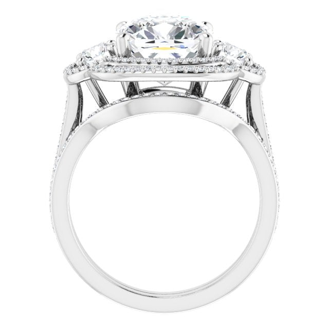 18K White 3-Stone Halo-Style Engagement Ring Mounting