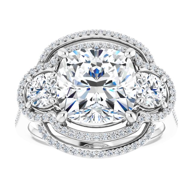 18K White 3-Stone Halo-Style Engagement Ring Mounting