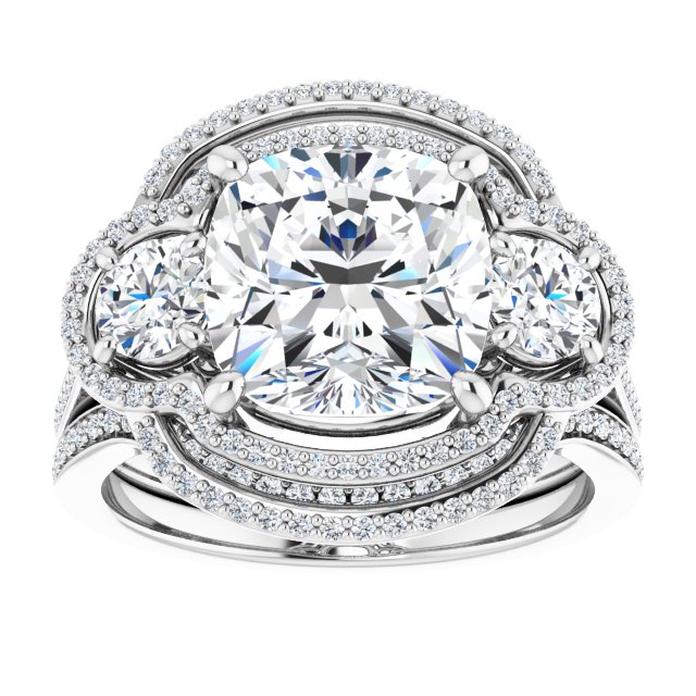 18K White 3-Stone Halo-Style Engagement Ring Mounting