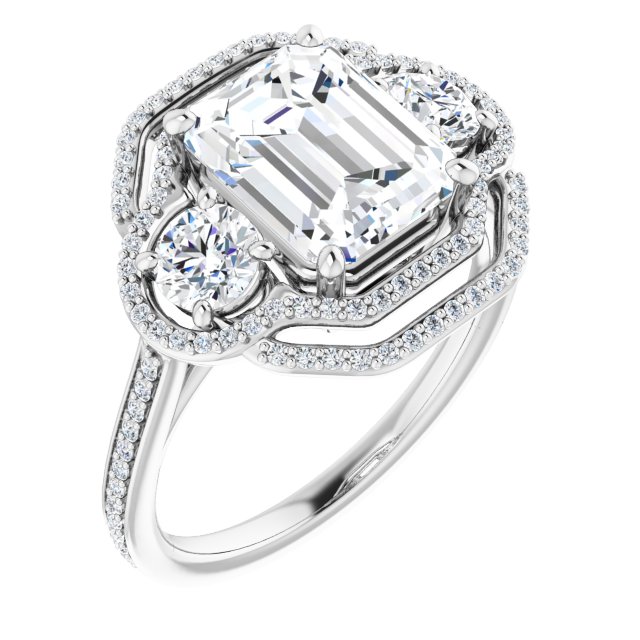 18K White 3-Stone Halo-Style Engagement Ring Mounting