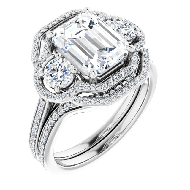 18K White 3-Stone Halo-Style Engagement Ring Mounting