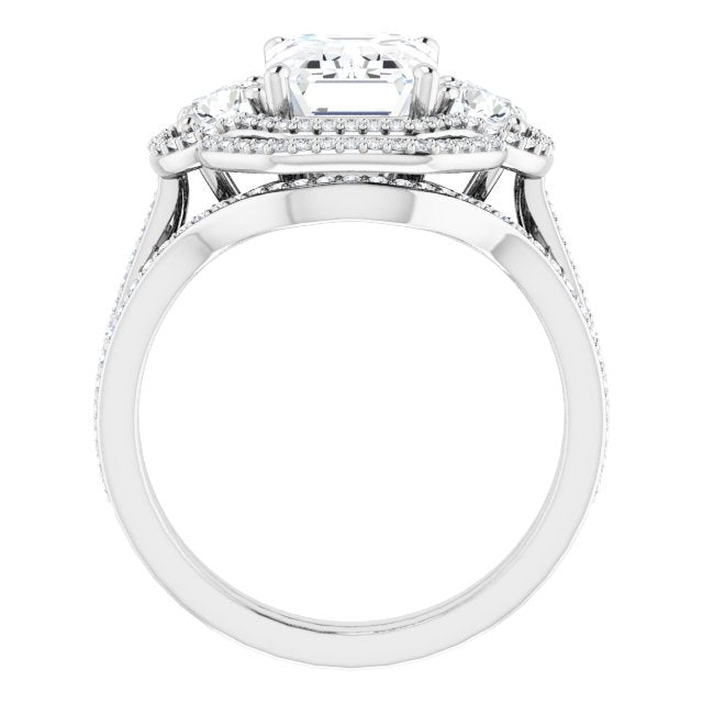 18K White 3-Stone Halo-Style Engagement Ring Mounting