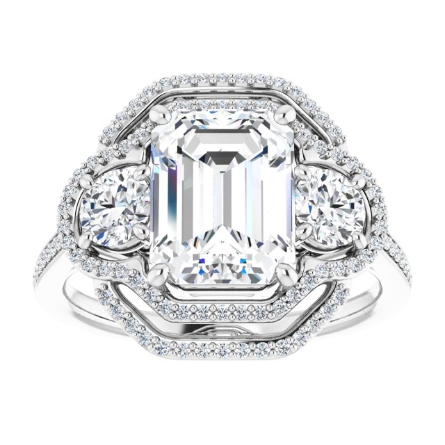 18K White 3-Stone Halo-Style Engagement Ring Mounting