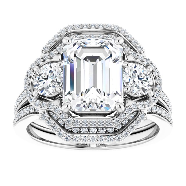 18K White 3-Stone Halo-Style Engagement Ring Mounting