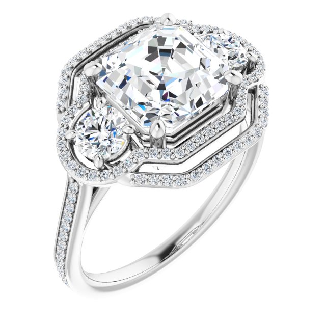 18K White 3-Stone Halo-Style Engagement Ring Mounting