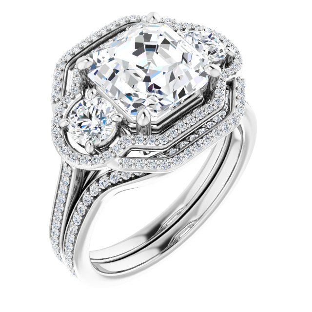 18K White 3-Stone Halo-Style Engagement Ring Mounting