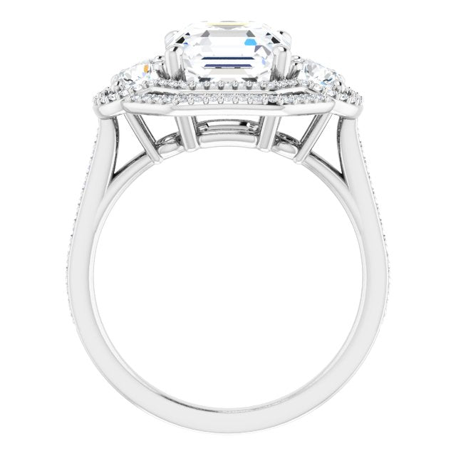 18K White 3-Stone Halo-Style Engagement Ring Mounting