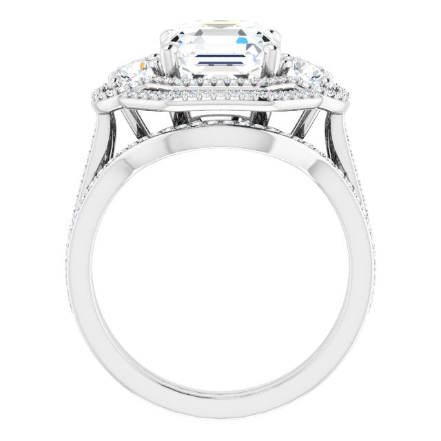 18K White 3-Stone Halo-Style Engagement Ring Mounting