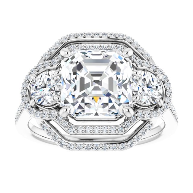 18K White 3-Stone Halo-Style Engagement Ring Mounting