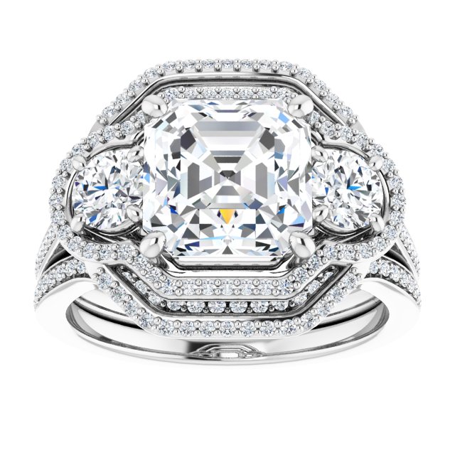 18K White 3-Stone Halo-Style Engagement Ring Mounting