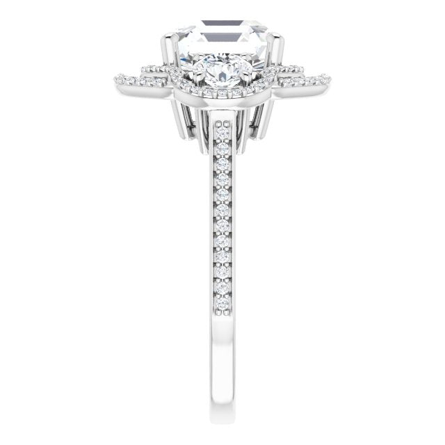 18K White 3-Stone Halo-Style Engagement Ring Mounting