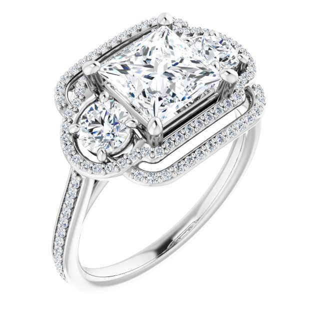 18K White 3-Stone Halo-Style Engagement Ring Mounting