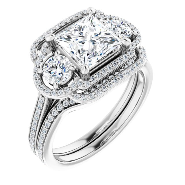 18K White 3-Stone Halo-Style Engagement Ring Mounting