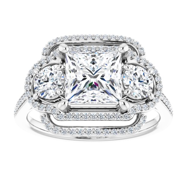 18K White 3-Stone Halo-Style Engagement Ring Mounting
