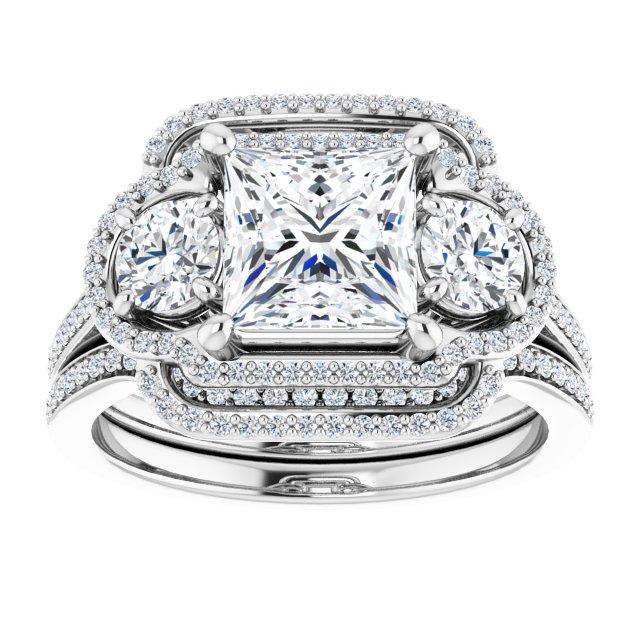 18K White 3-Stone Halo-Style Engagement Ring Mounting