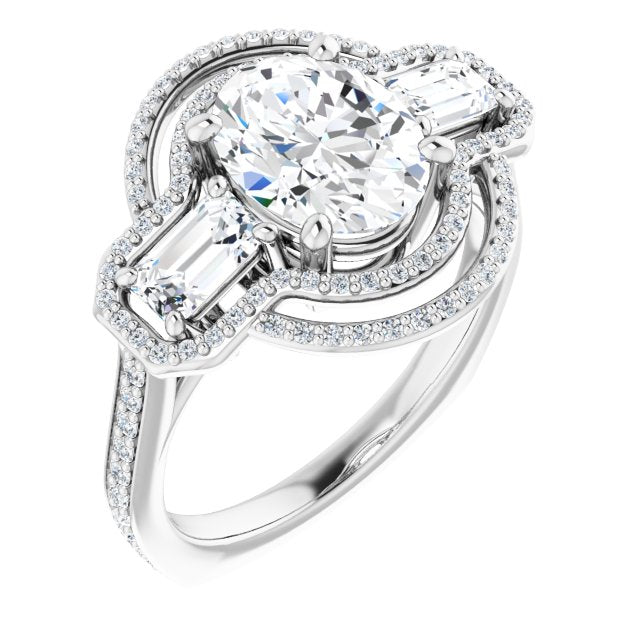 18K White 3-Stone Halo-Style Engagement Ring Mounting