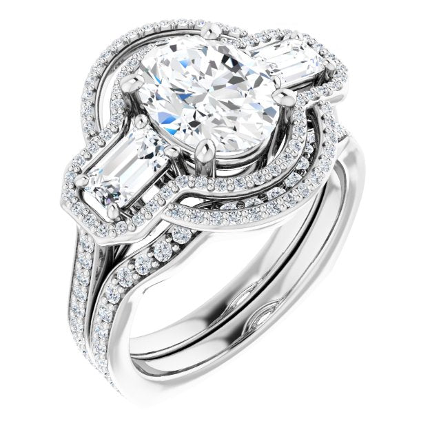 18K White 3-Stone Halo-Style Engagement Ring Mounting