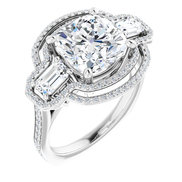 18K White 3-Stone Halo-Style Engagement Ring Mounting