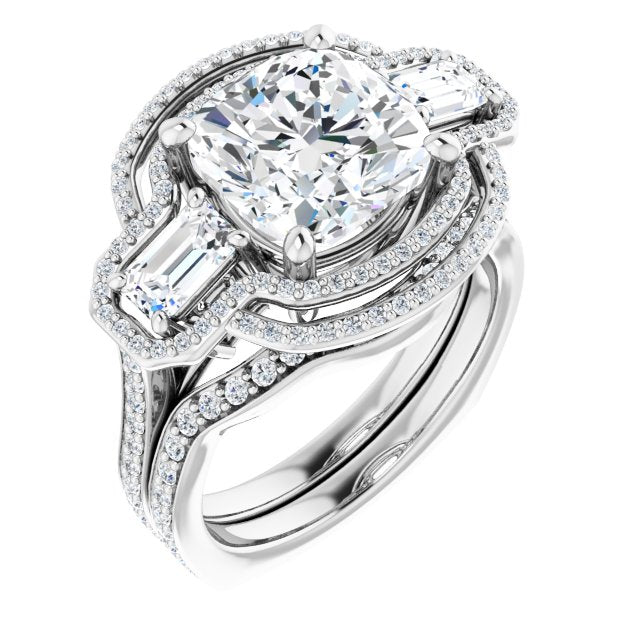 18K White 3-Stone Halo-Style Engagement Ring Mounting