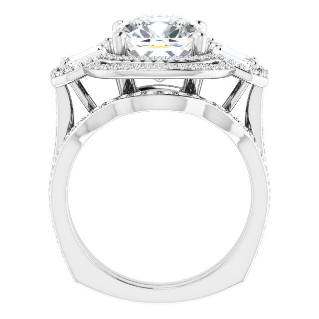 18K White 3-Stone Halo-Style Engagement Ring Mounting