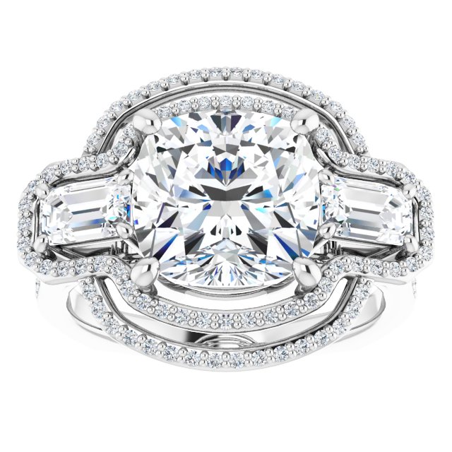 18K White 3-Stone Halo-Style Engagement Ring Mounting