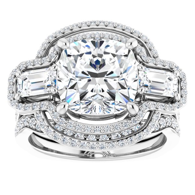 18K White 3-Stone Halo-Style Engagement Ring Mounting