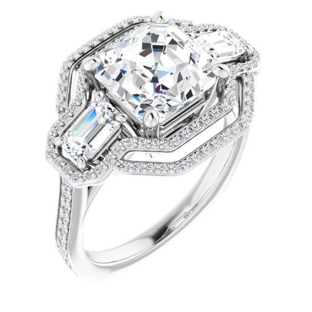 18K White 3-Stone Halo-Style Engagement Ring Mounting