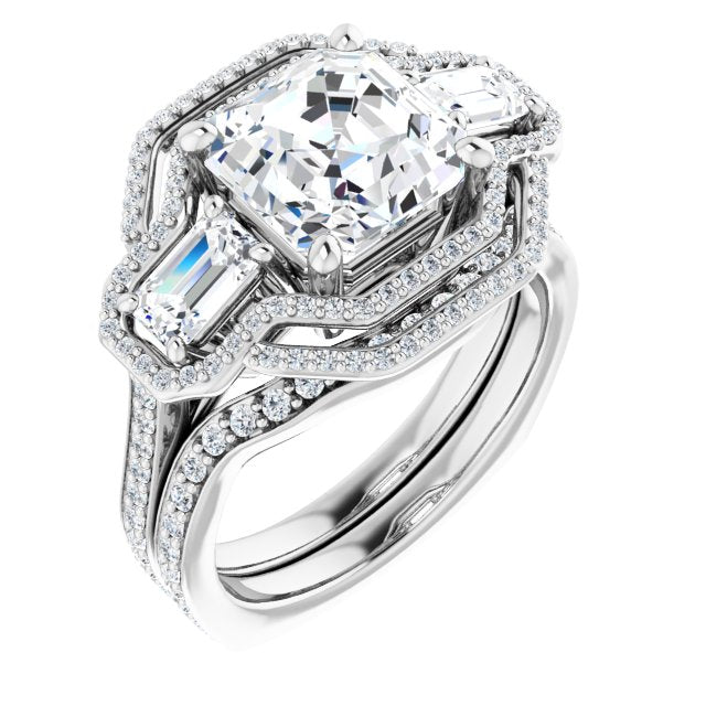 18K White 3-Stone Halo-Style Engagement Ring Mounting
