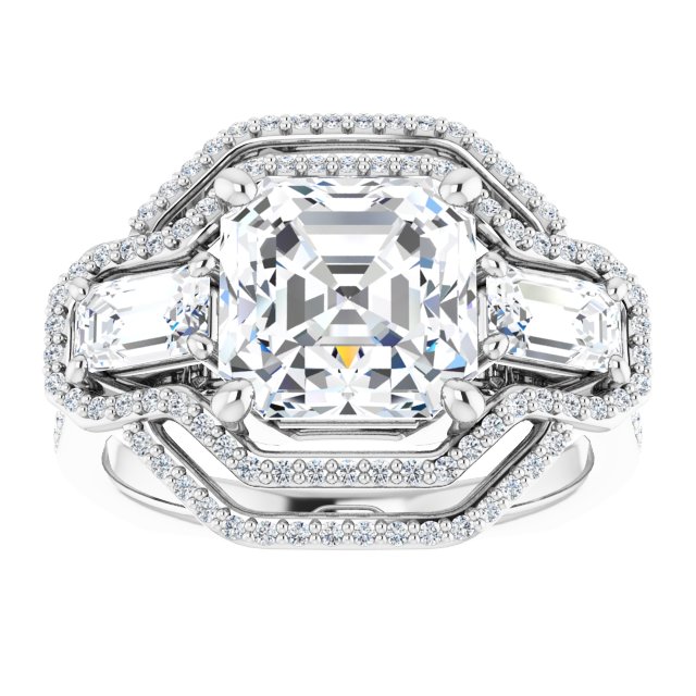 18K White 3-Stone Halo-Style Engagement Ring Mounting