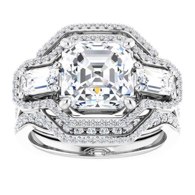 18K White 3-Stone Halo-Style Engagement Ring Mounting