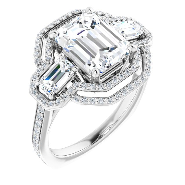 18K White 3-Stone Halo-Style Engagement Ring Mounting