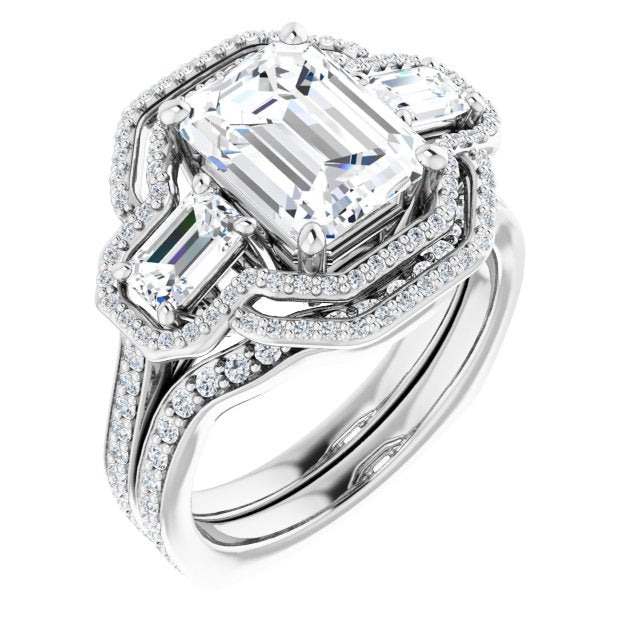 18K White 3-Stone Halo-Style Engagement Ring Mounting