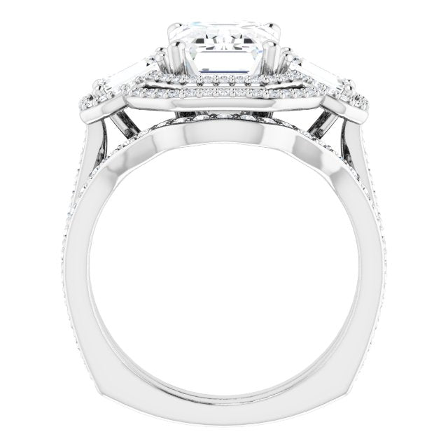 18K White 3-Stone Halo-Style Engagement Ring Mounting