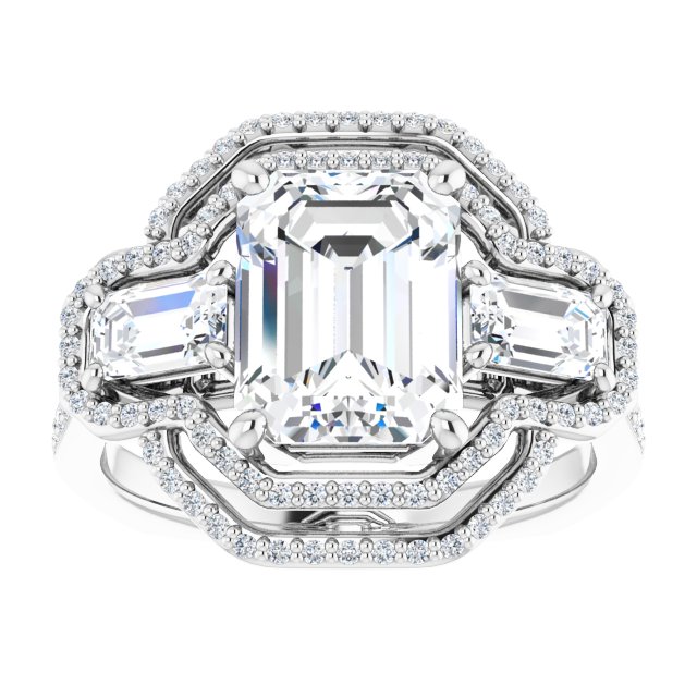 18K White 3-Stone Halo-Style Engagement Ring Mounting