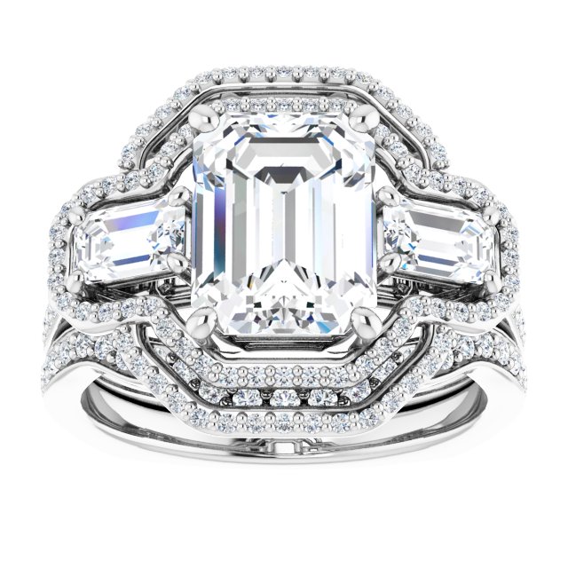 18K White 3-Stone Halo-Style Engagement Ring Mounting