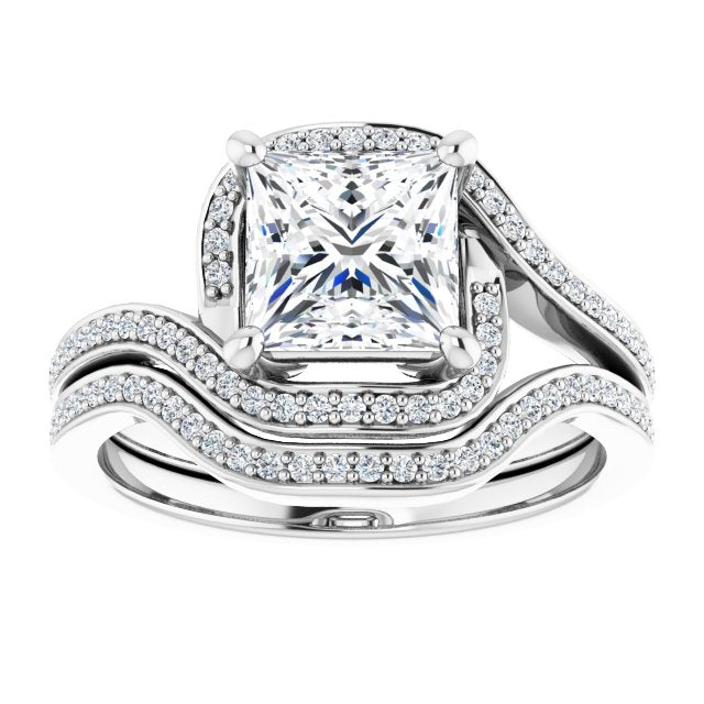 18K White Bypass Halo-Style Engagement Ring Mounting