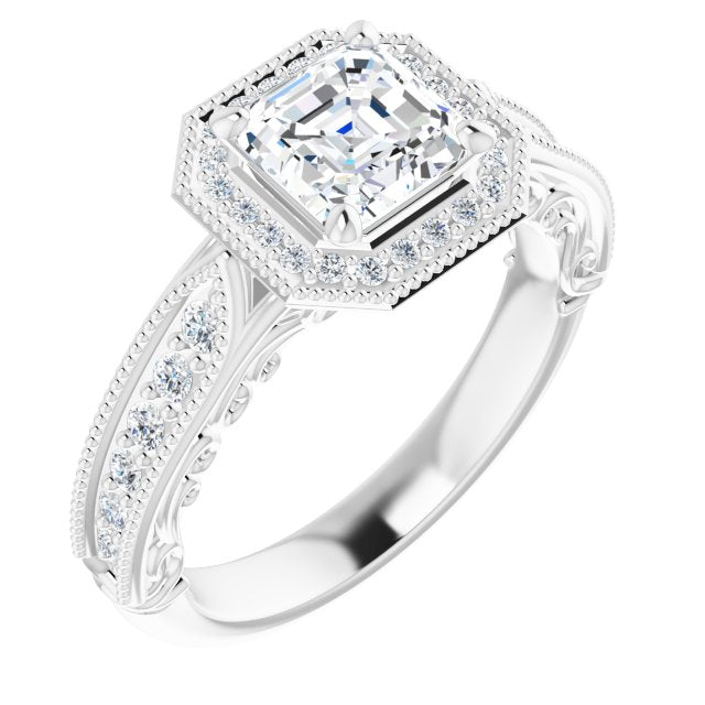 18K White Asscher Vintage-Inspired Halo-Style Engagement Ring Mounting