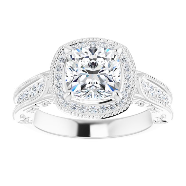 18K White Cushion Vintage-Inspired Halo-Style Engagement Ring Mounting