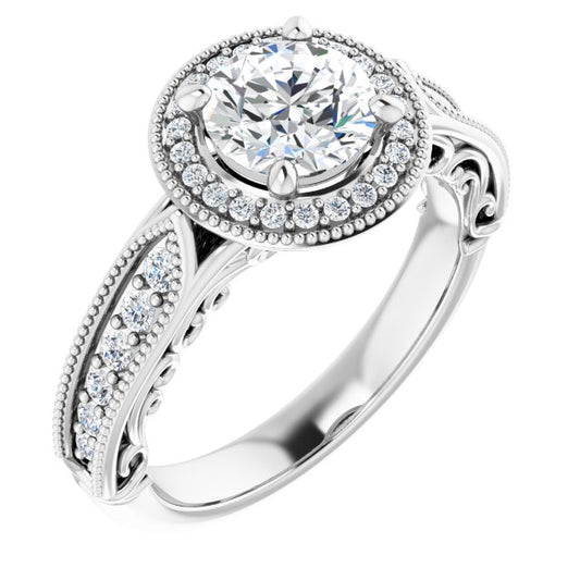 18K White Round Vintage-Inspired Halo-Style Engagement Ring Mounting