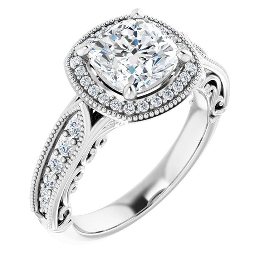 18K White Cushion Vintage-Inspired Halo-Style Engagement Ring Mounting