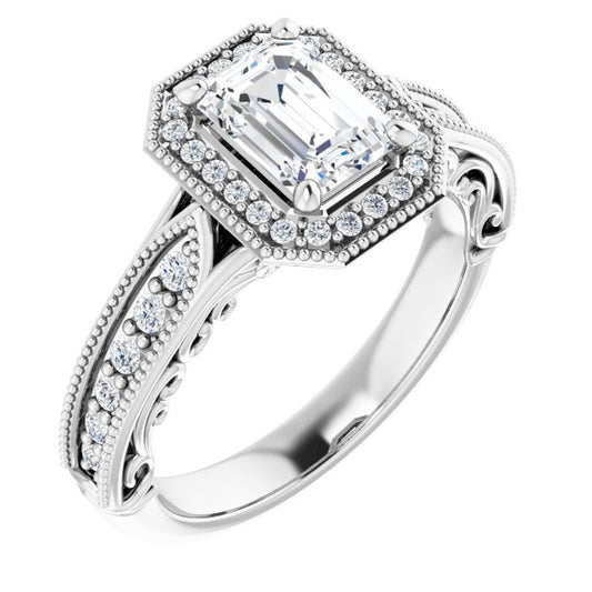 18K White Vintage-Inspired Halo-Style Engagement Ring Mounting